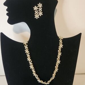 Matching Set of Earrings and Necklace Goldtone Floral Rhinestone Design